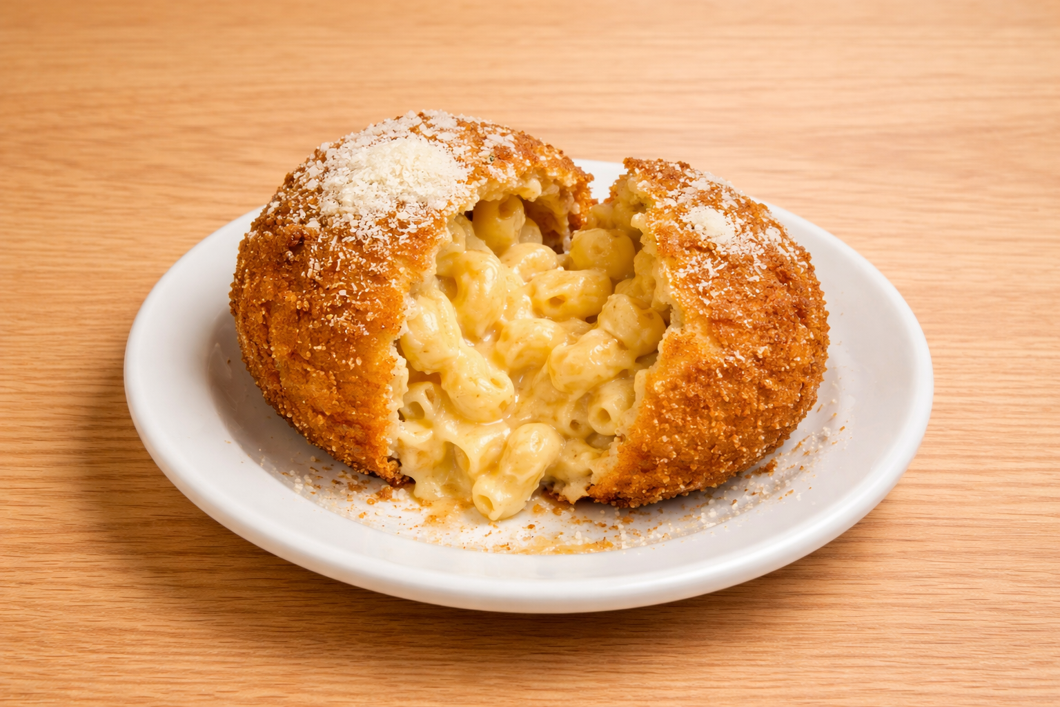 Deep-fried mac and cheese ball on a white plate with a crispy golden crust and shredded cheese on top, placed on a wooden surface.