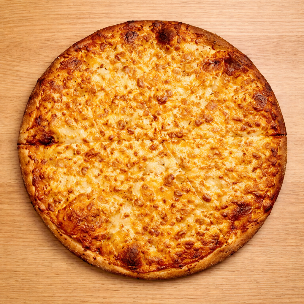 Cheese pizza on a wooden surface