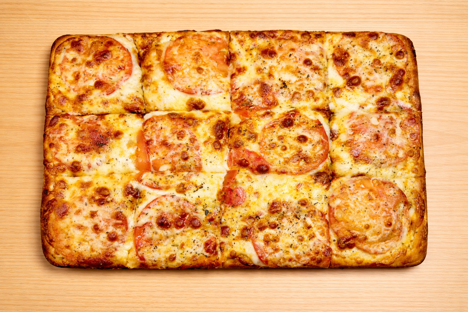 Rectangular pizza with cheese, tomato slices, and herbs on a wooden surface.