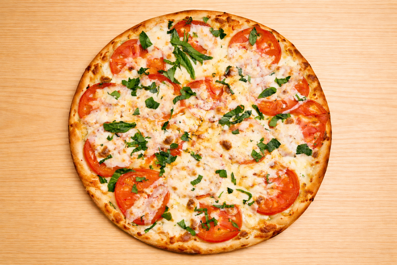 A whole pizza topped with sliced tomatoes, cheese, and chopped green herbs on a wooden surface.