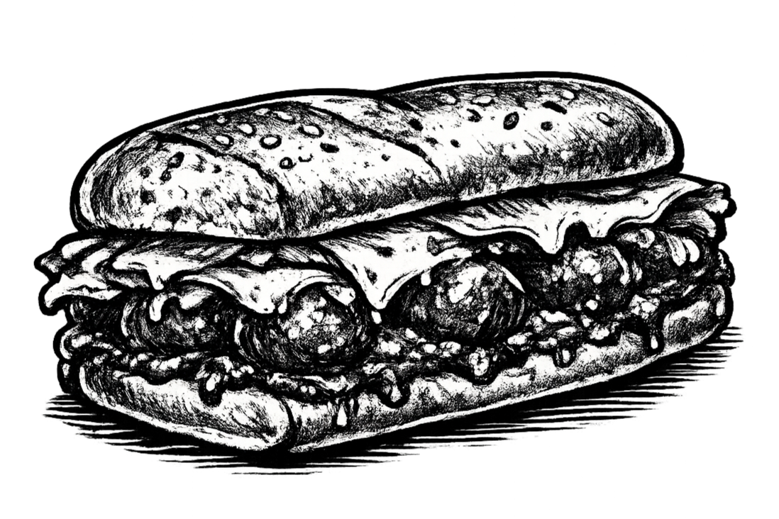 Black and white illustration of a hoagie sandwich with meat, cheese, and vegetables in a long baguette bun.
