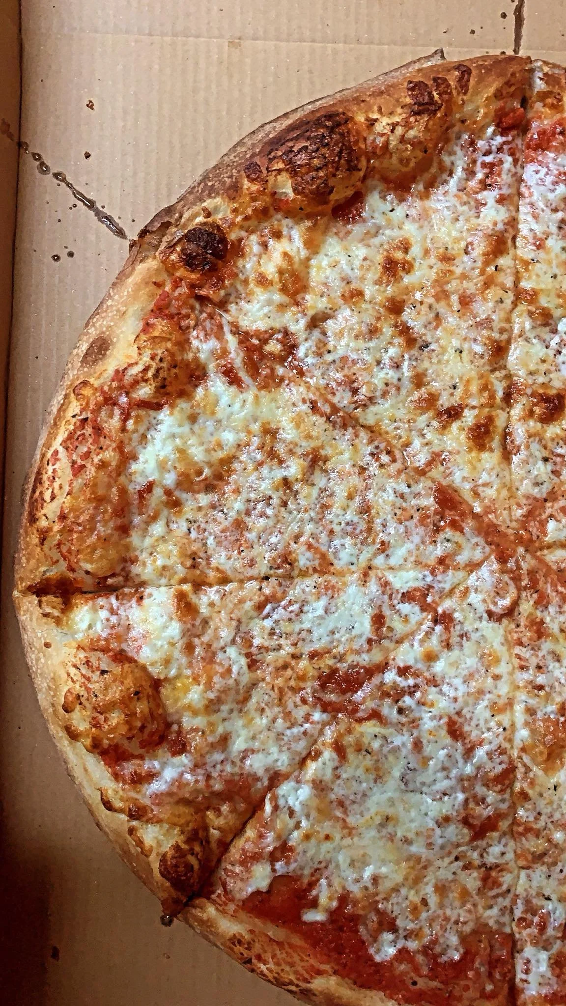 A large cheese pizza with a golden crust on a cardboard pizza box.