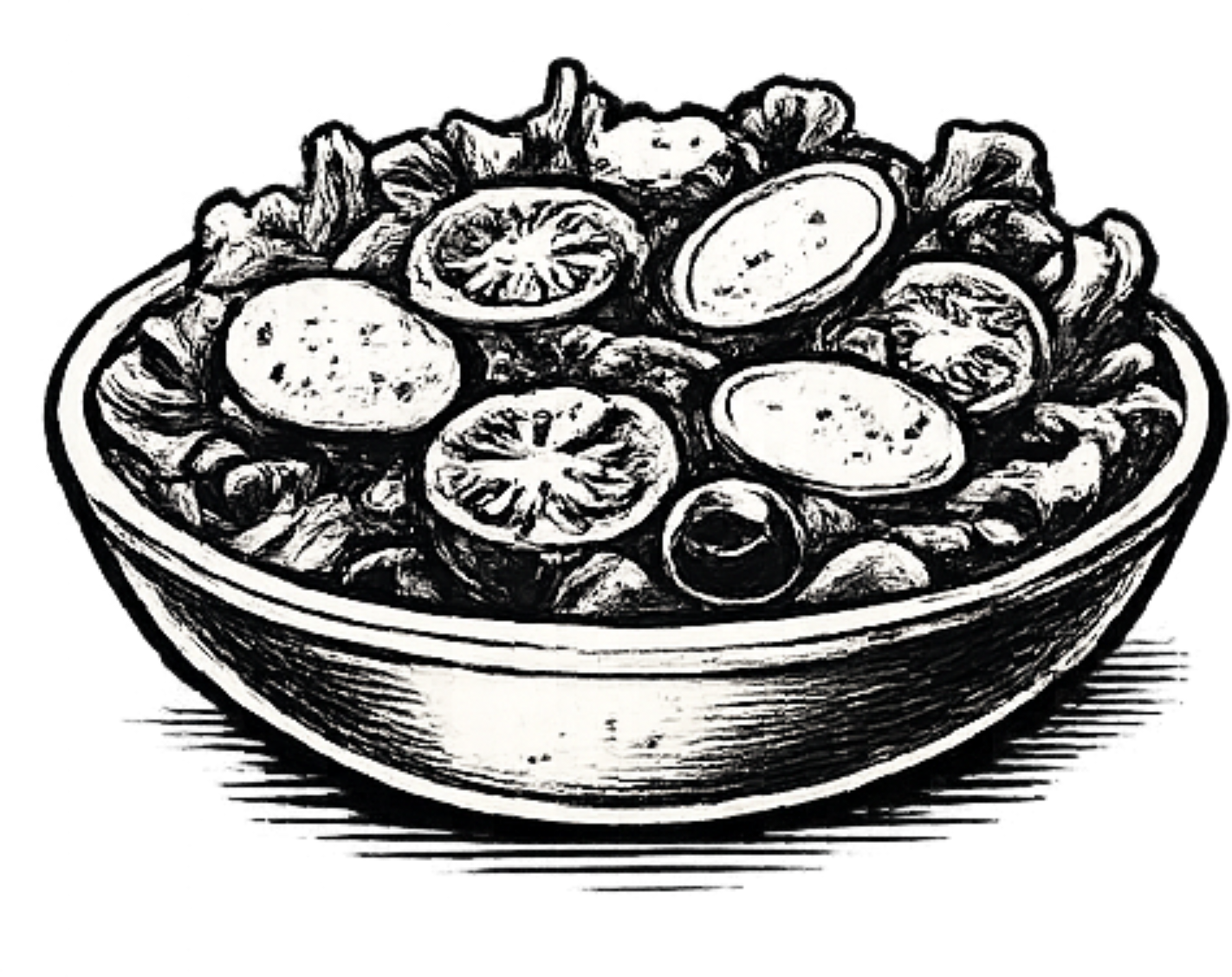 A black and white illustration of a bowl filled with salad containing sliced cucumbers, tomatoes, olives, and leafy greens.