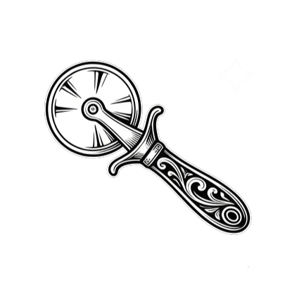 Black and white illustration of a sword with a clock embedded in the blade, and a small star-shaped sparkle nearby.