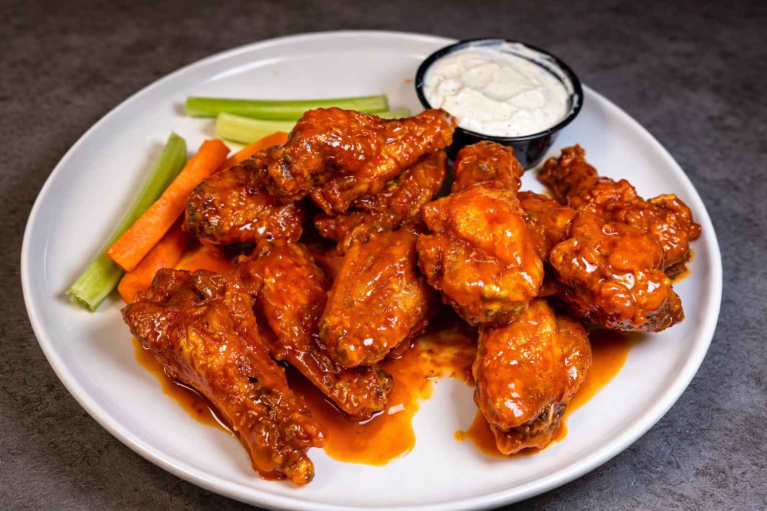 A plate of buffalo chicken wings with celery, carrots, and ranch dressing.