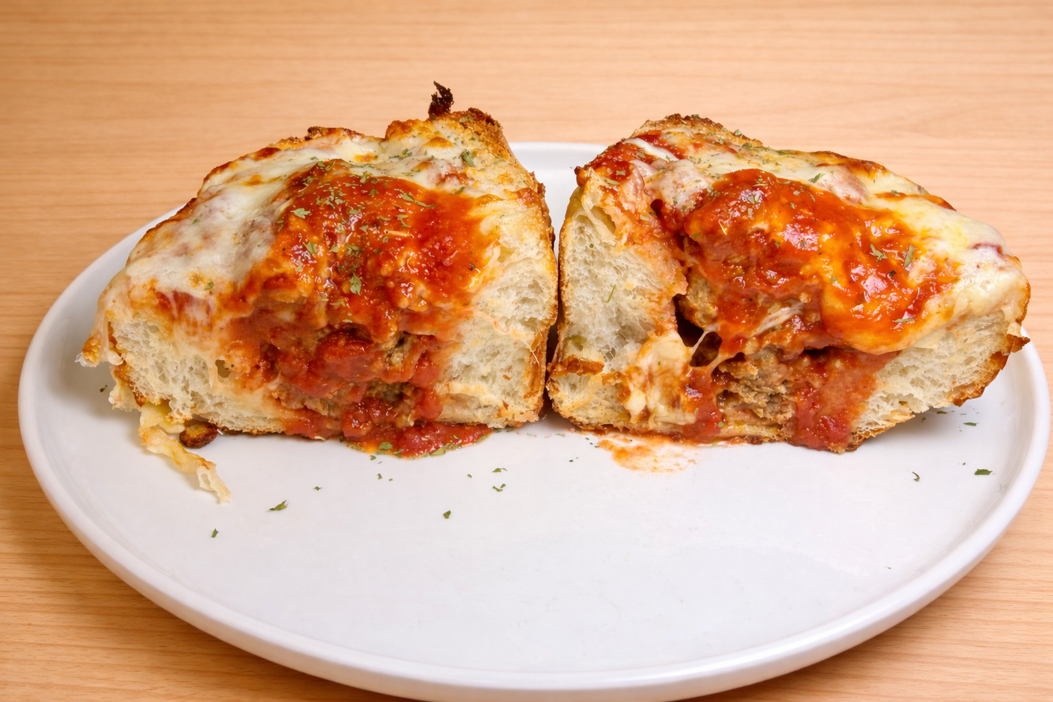Stuffed bread with tomato sauce and herbs on a white plate.