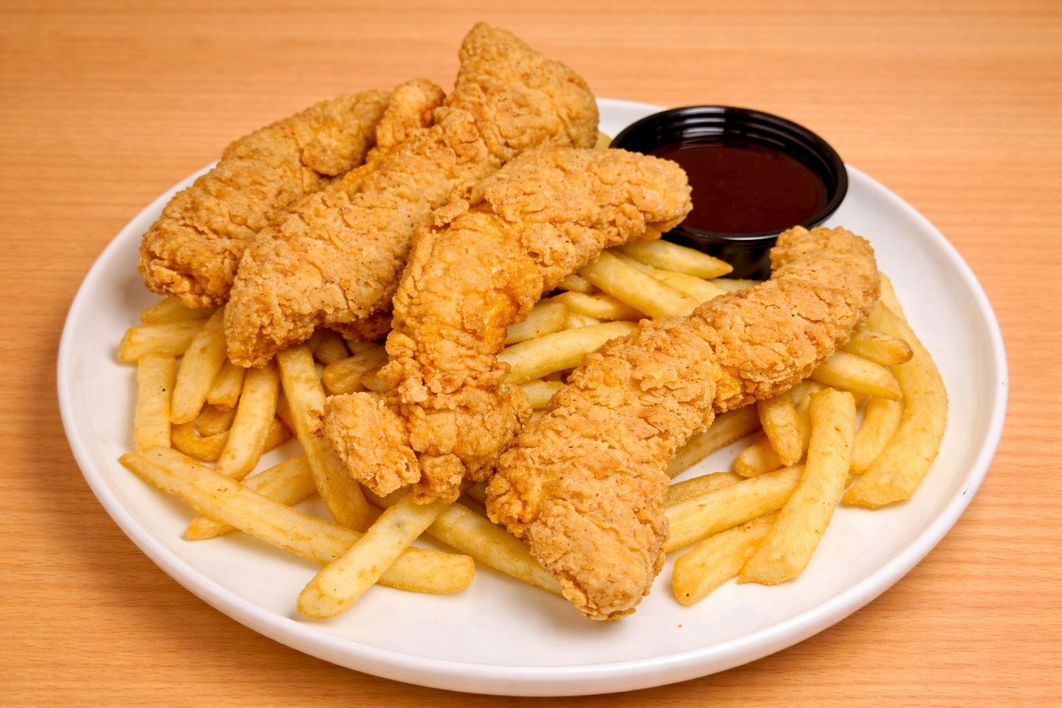 Plate of fried chicken tenders with French fries and a small cup of dark dipping sauce.
