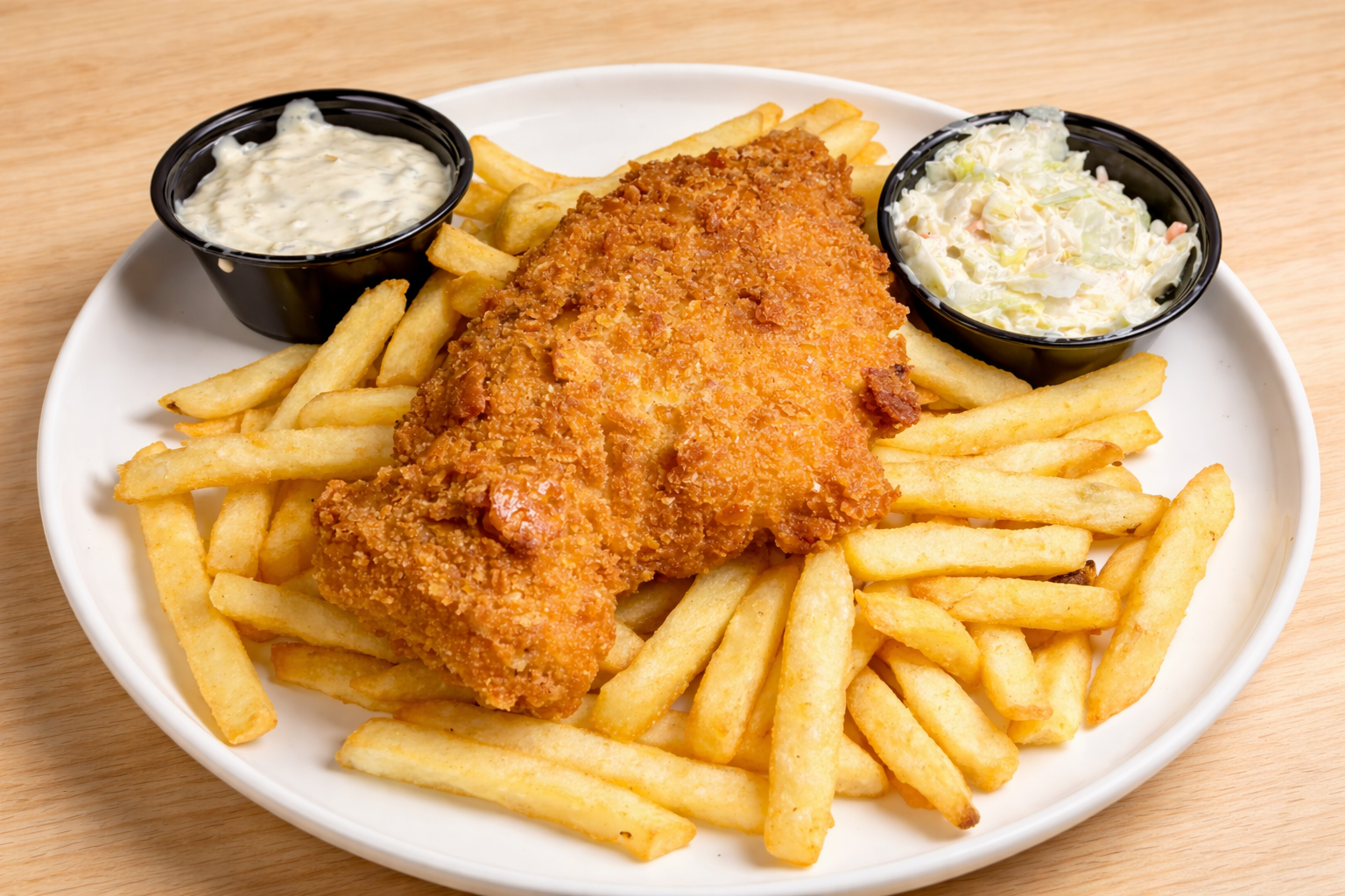 Fried fish fillet with French fries, tartar sauce, and coleslaw on a white plate.