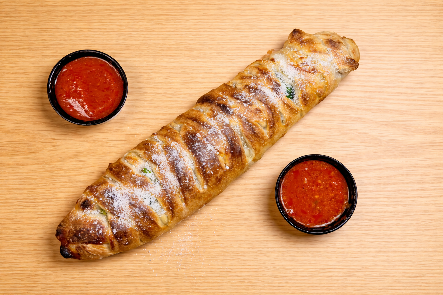 Baked breadstick topped with grated cheese and green herbs, served with two small bowls of red marinara sauce, all on a wooden surface.