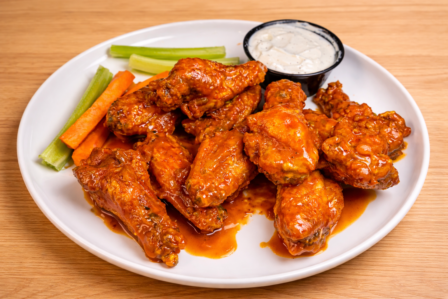 Plate of buffalo chicken wings with a side of celery, carrots, and a cup of ranch dressing.