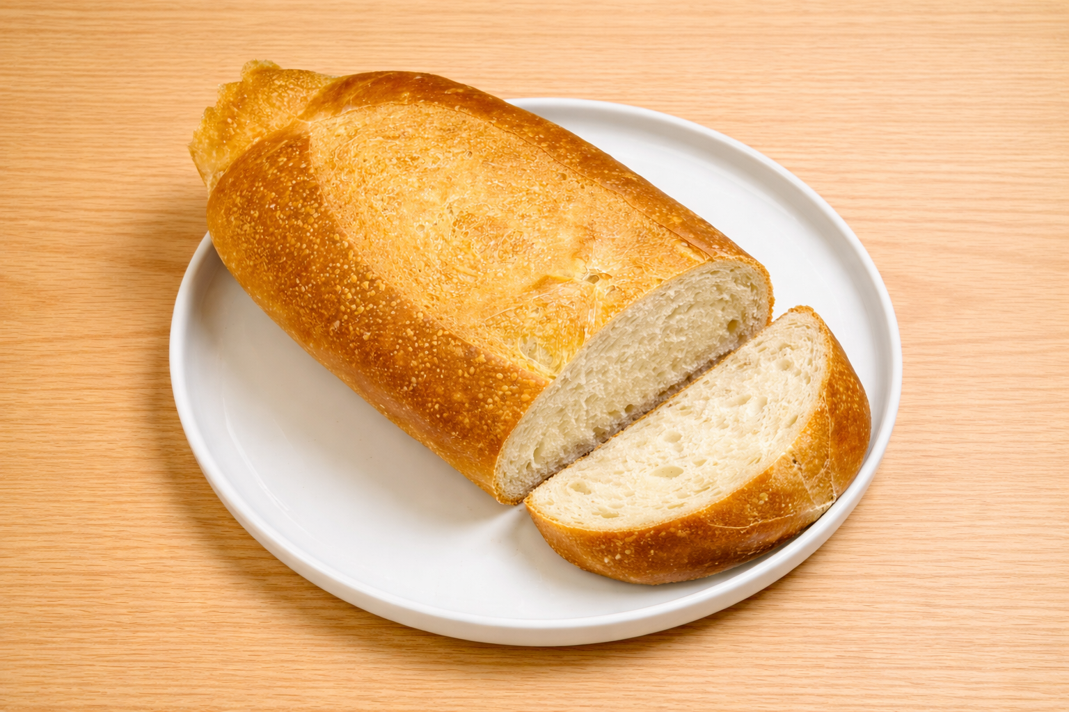 A loaf of sliced bread on a white plate on a wooden surface.