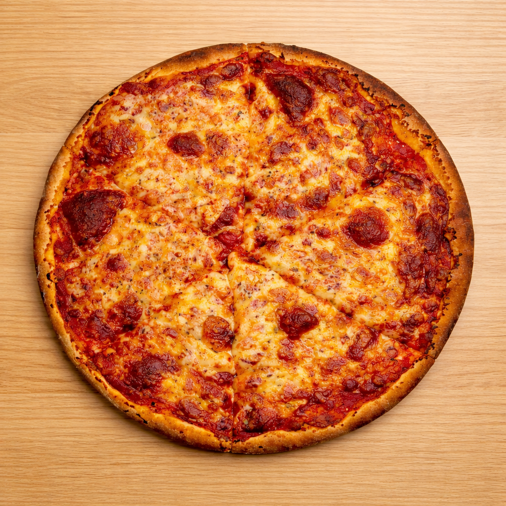 A classic pepperoni pizza with cheese on a wooden surface.