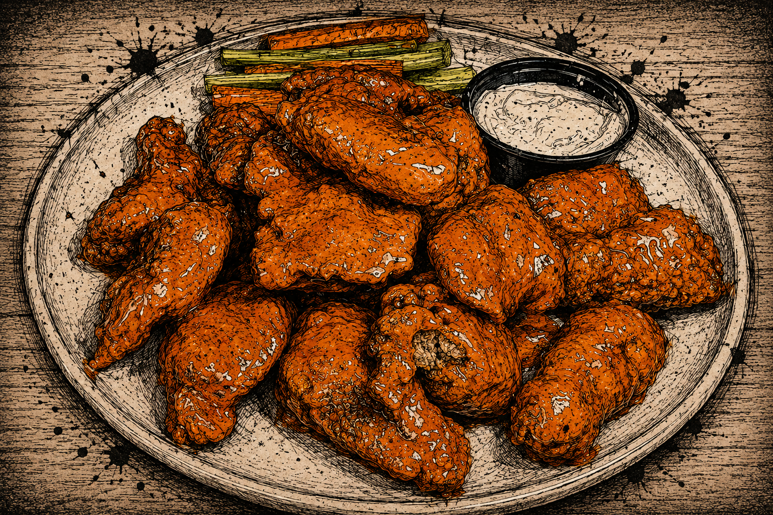 A cartoon-style illustration of a plate of buffalo chicken wings with a side of celery sticks and a cup of ranch dressing on a rustic wooden table.