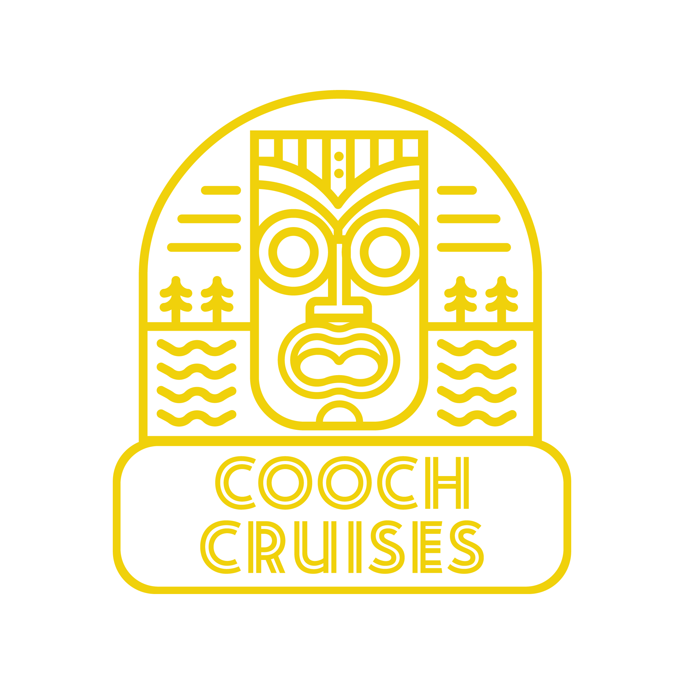 Line art logo with a stylized head of an indigenous mask and the text "Coach Cruises" below.