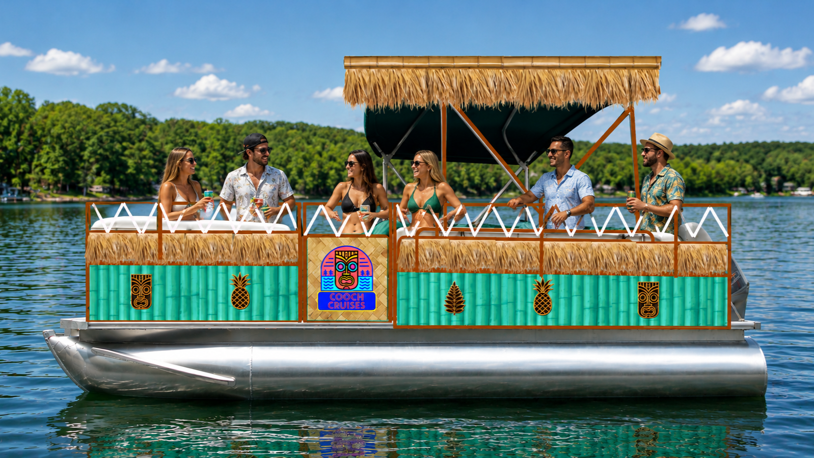 Group of six people on a tropical-themed boat cruise with palm and tiki decorations on a lake under a blue sky with clouds.