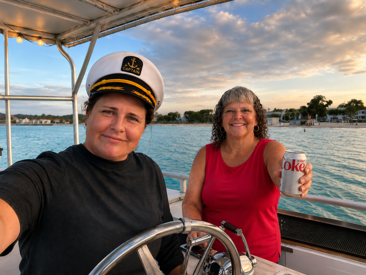 Two women on a boat at sunset, one wearing a captain's hat and the other holding a Diet Coke, with a scenic waterfront background.