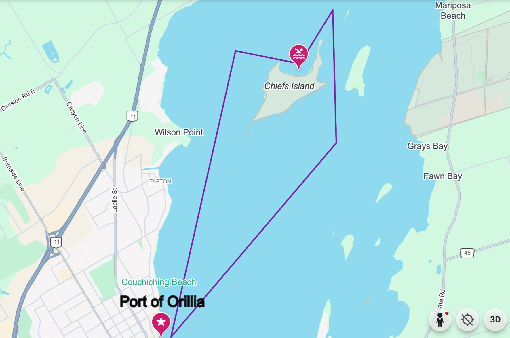 Map showing the Port of Orillia and surrounding areas, including Wilson Point, Couchiching Beach, and nearby water bodies with a marked swimming area near Chiefs Island.