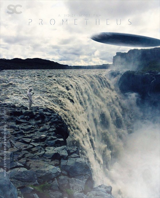 Prometheus movie poster featuring a water scene with a waterfall, a small astronaut figure standing on rocks, and a large flying saucer in the sky, with a cloudy background.