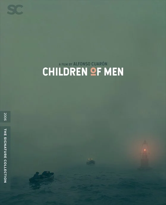 Poster for the film 'Children of Men' directed by Alfonso Cuarón, with a foggy scene of boats on water and a buoy in the background.