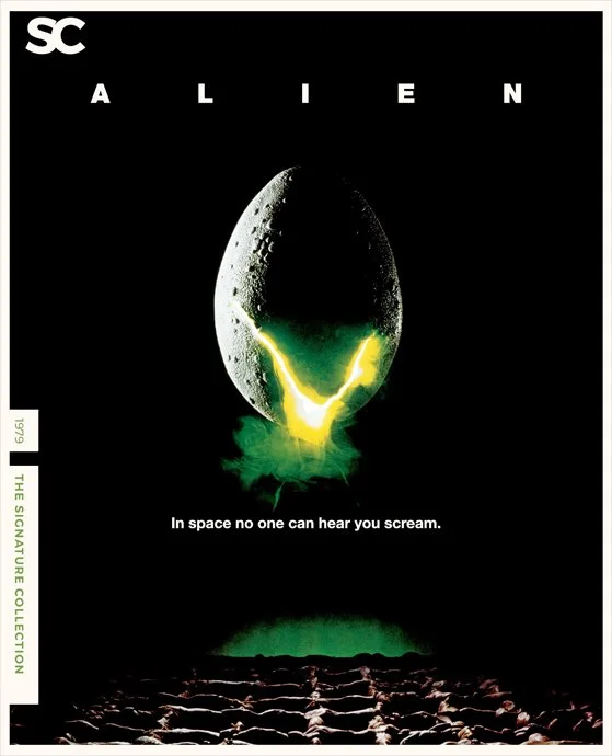 Poster for the movie 'Alien' showing an alien egg with a facehugger emerging, set against a space background with audience seats at the bottom.