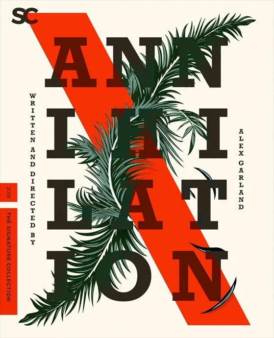Film cover titled 'Annihilation' by Alex Garland, featuring tropical leaves and a diagonal red stripe.