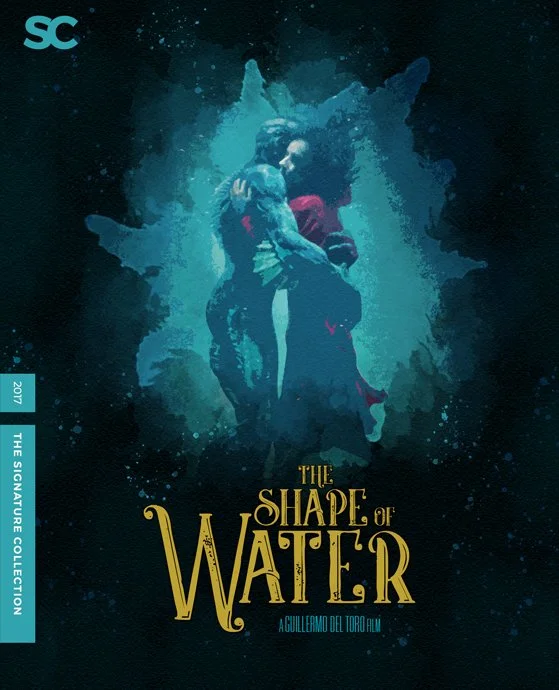 Movie poster for 'The Shape of Water' showing a humanoid figure embracing a woman underwater, surrounded by a dark aquatic scene, with the title in gold text.