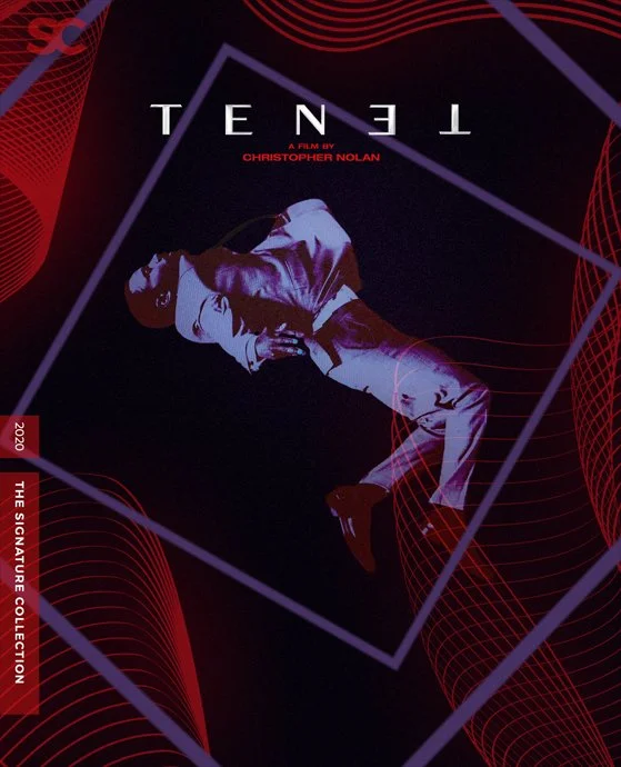 Poster for the film 'Tenet' directed by Christopher Nolan, featuring a person in a tuxedo lying within a geometric frame with red and purple abstract lines.