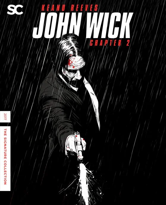 Comic-style illustration of John Wick holding a gun, rain pouring down, background is dark with red and white text.