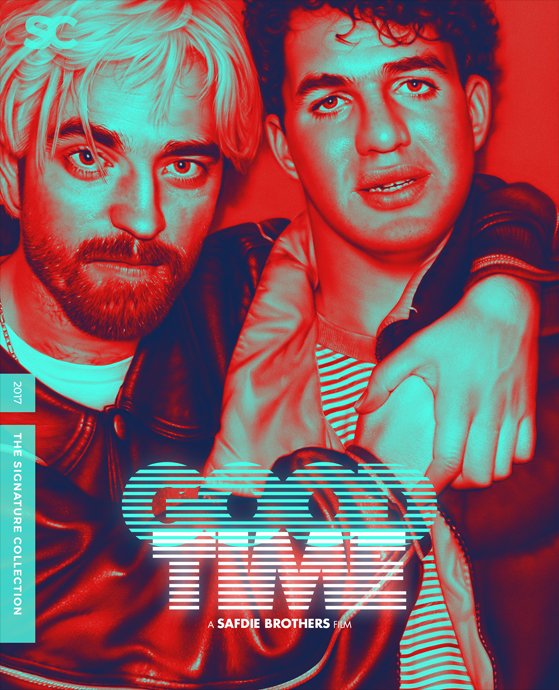 Poster for the film "Good Time" featuring two young men with one having blonde hair and the other curly dark hair, both wearing leather jackets, with red and blue lighting effects.