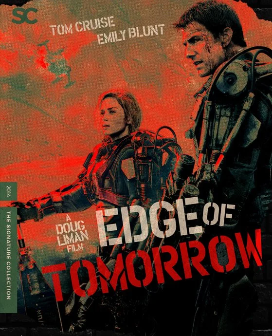 Poster for the movie "Edge of Tomorrow" featuring Tom Cruise and Emily Blunt in military gear with a red and green sky background.