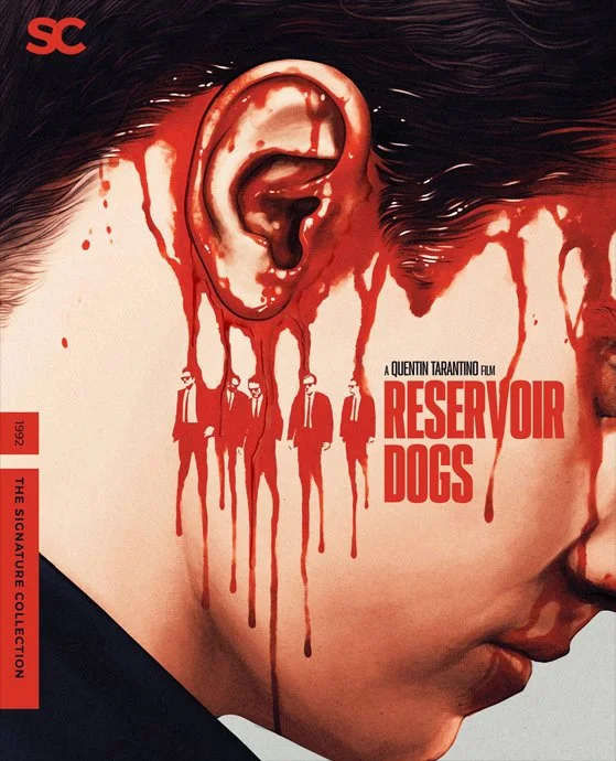 Close-up of a person's profile, blood dripping down the cheek, and bloodstained hair. Several suited figures are painted as if bleeding from the ear.