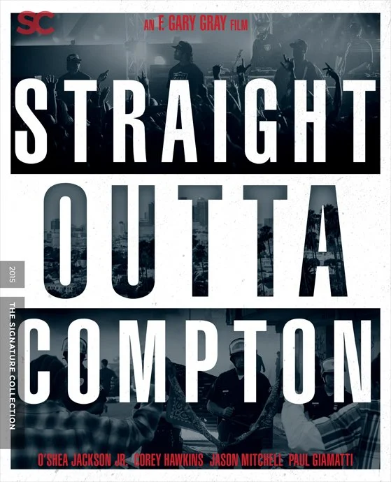 Promotional poster for the film "Straight Outta Compton" featuring images of musical performers, cityscapes, and people in the background, with bold text displaying the title and cast names.