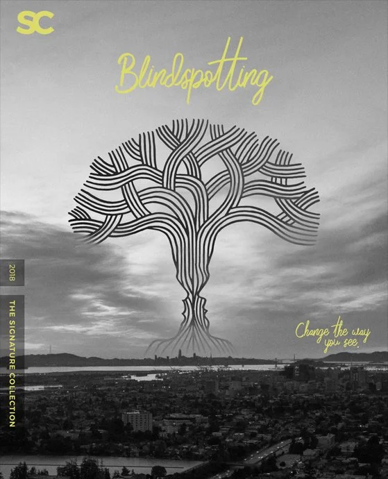 Black and white photo of a cityscape with a large stylized tree graphic overlay. The tree has many interconnected branches and roots. Yellow text says, 'Blindspotting' at the top and 'Change the way you see' at the bottom.