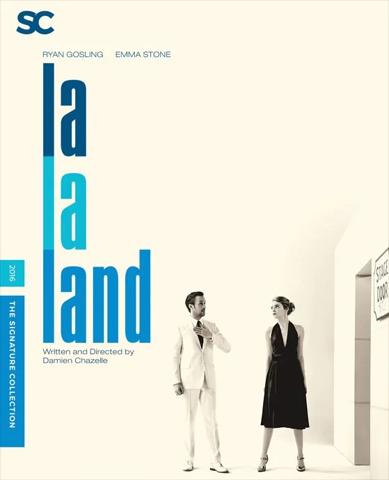 Poster for the play 'La La Land' with two actors, a man and a woman, standing beside each other.