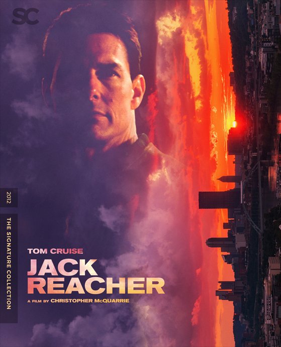Movie poster of Jack Reacher featuring Tom Cruise's face, city skyline silhouette at sunset, with dramatic clouds and orange sky.