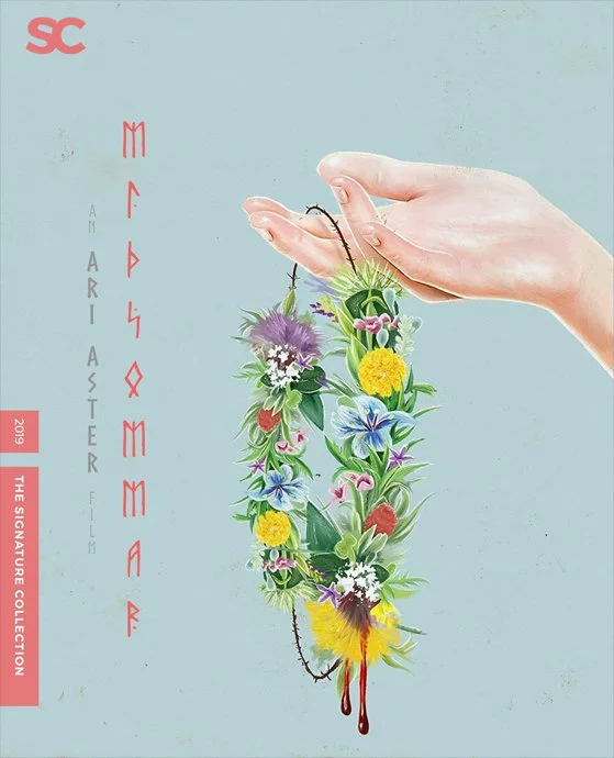 An illustration of a human hand holding a mixture of flowers with a blood dripping from the bottom, against a light blue background.