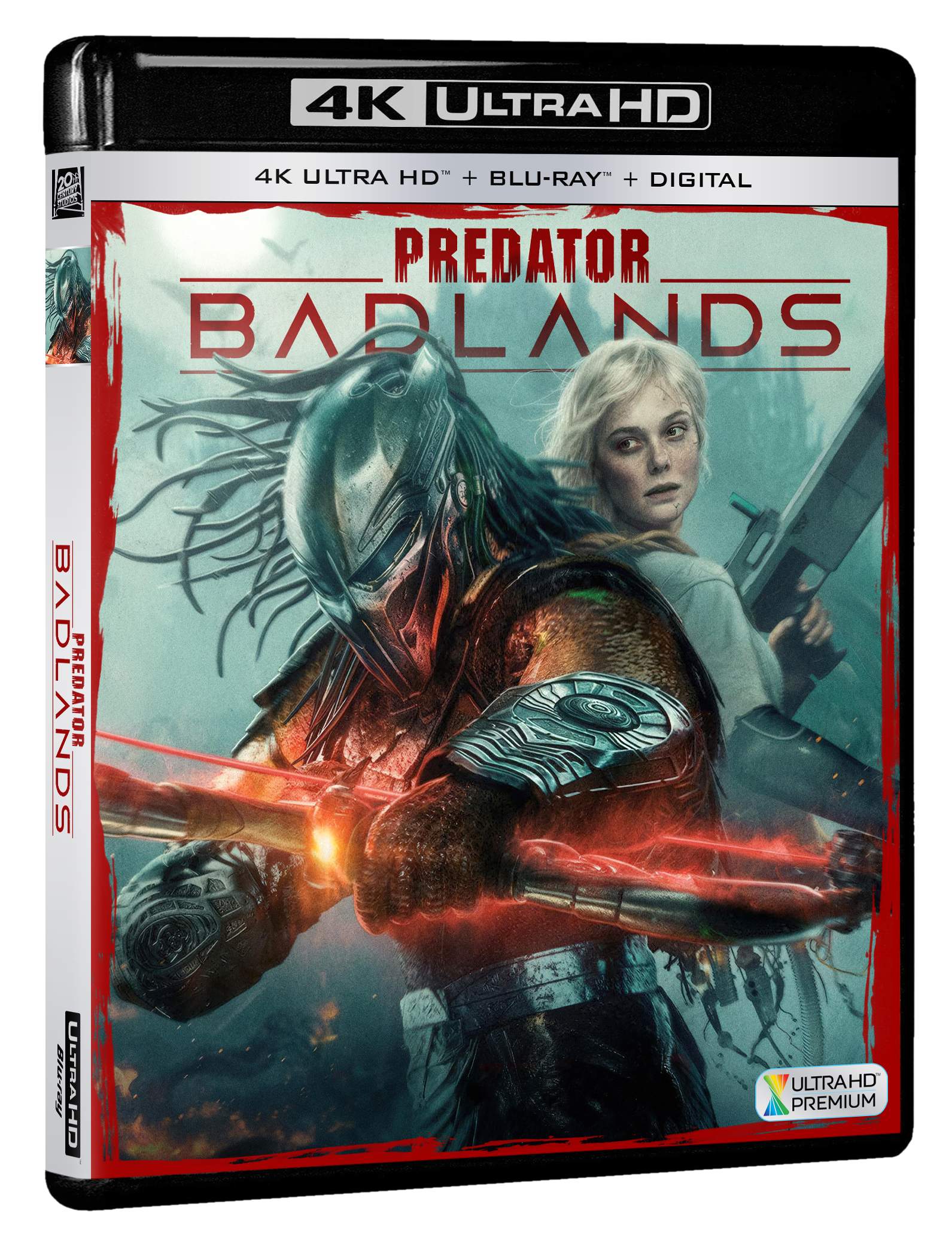 4K Ultra HD Blu-ray cover of the movie Predator: Badlands, featuring a futuristic soldier in armor wielding a glowing weapon and a woman holding a gun in the background.