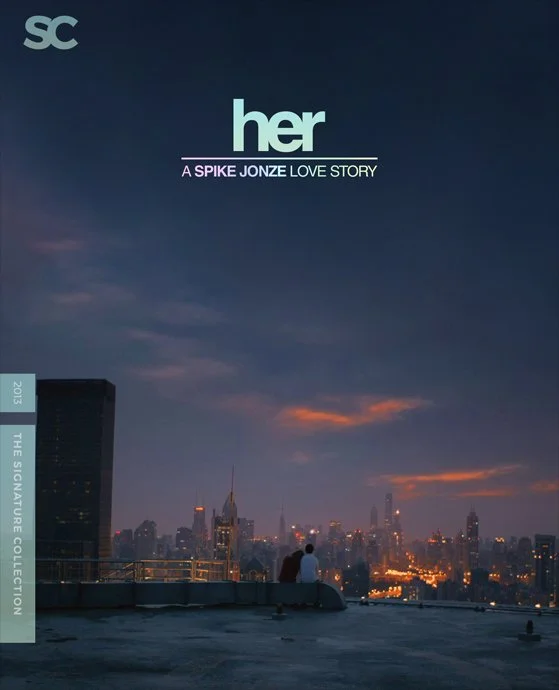 Film cover for ‘Her: A Spike Jonze Love Story’ showing a city skyline at dusk with dark clouds and two people sitting on a rooftop.