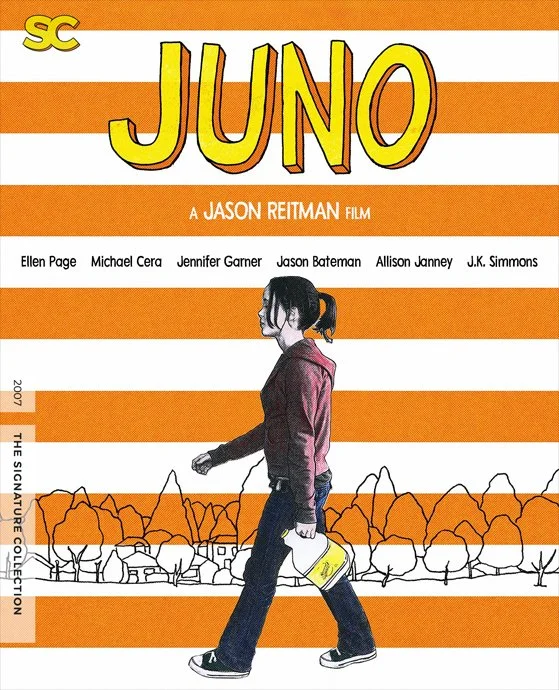 Movie poster for Juno featuring a young girl walking with a bottle of juice against an orange and white striped background with trees and bushes.