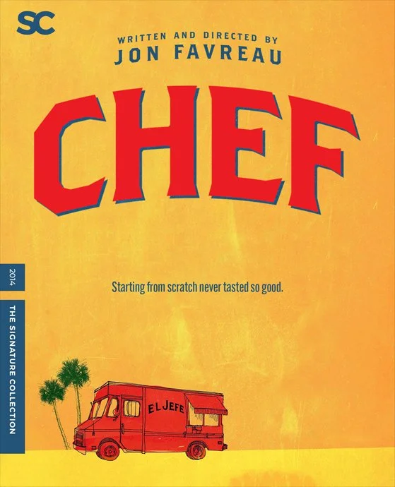 Film cover titled "CHEF" written and directed by Jon Favreau, featuring a red food truck with the name 'El Jefe' on it and two palm trees in the background, with a yellow background and blue and red text.