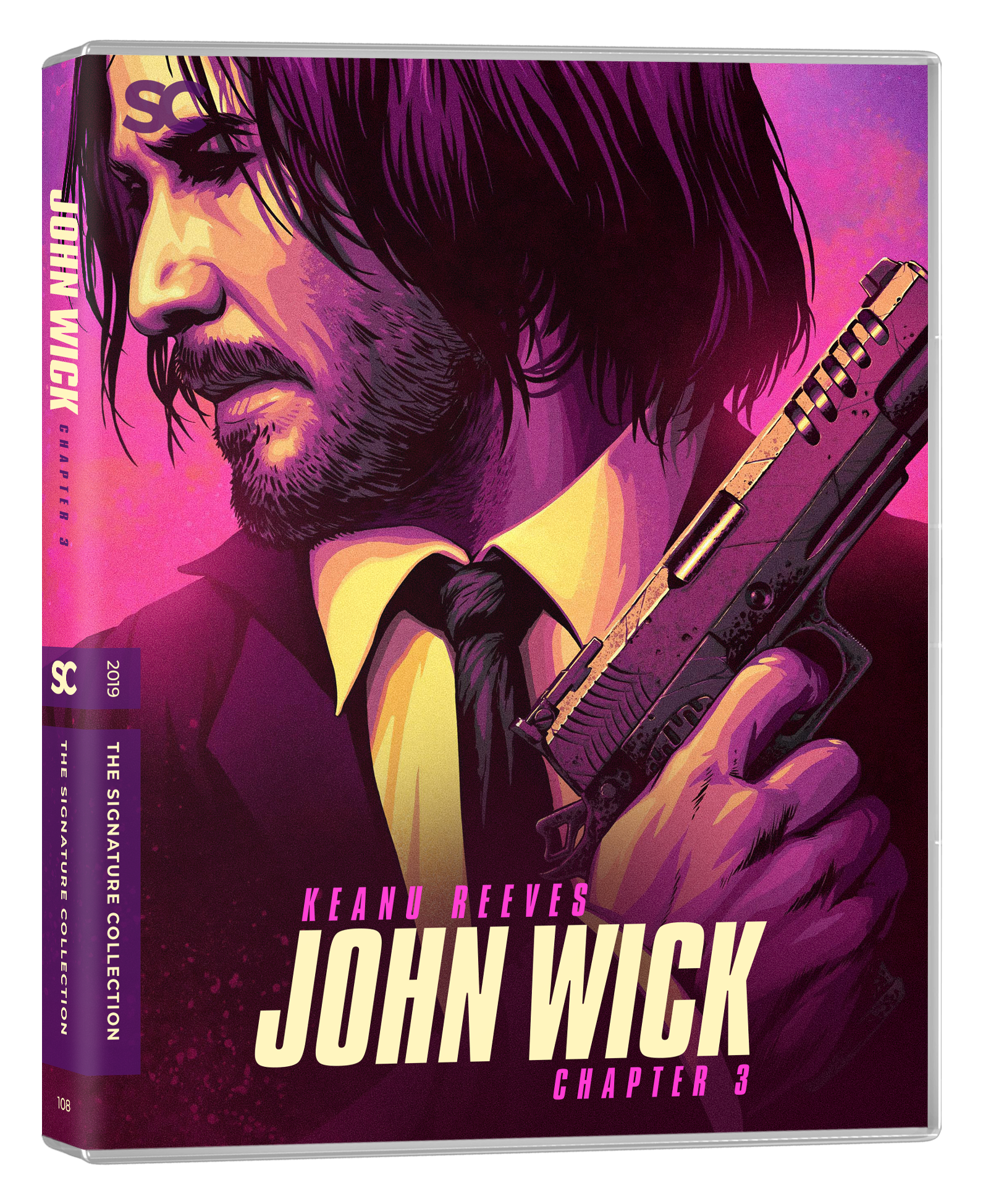 Cover art for John Wick Chapter 3 featuring an illustrated portrait of Keanu Reeves holding a gun, with a purple and pink color scheme.