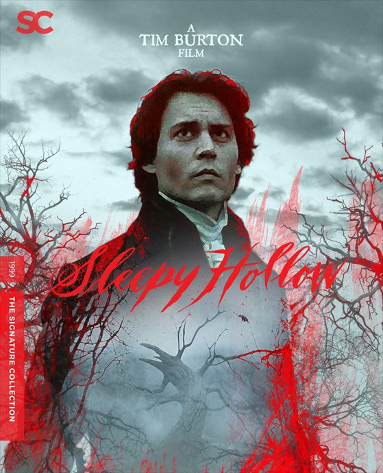 Cover of the film 'Sleepy Hollow' featuring a man with dark hair and a serious expression, surrounded by dark, leafless, and blood-red trees against a cloudy sky background.