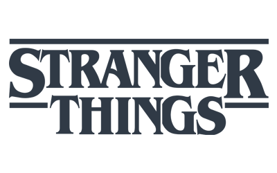 Stranger Things logo in black text on a dark background.