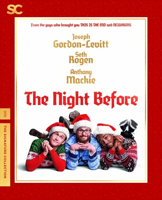 Cover of a film titled 'The Night Before' featuring three men lying on the floor in Christmas sweaters and Santa hats..