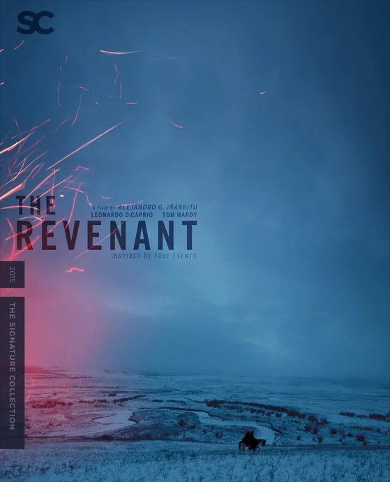 Movie poster for 'The Revenant' featuring a snowy landscape with a lone figure on horseback, with embers in the foreground.