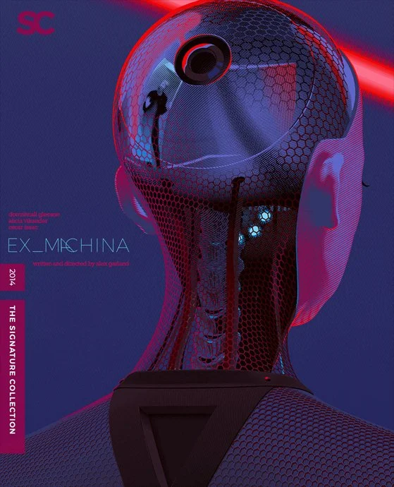 Futuristic humanoid robot with a metallic, honeycomb-patterned face and a spherical, reflective head in a neon-lit setting.
