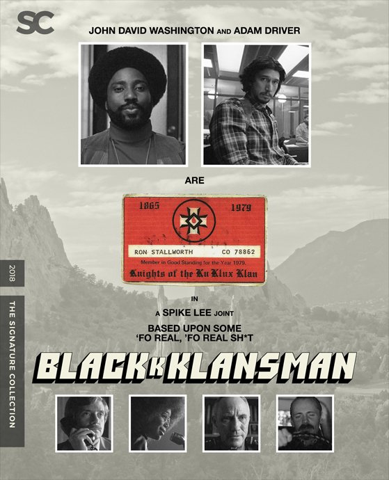 Poster for the film "BlackKkKlansman" featuring photos of John David Washington, Adam Driver, and other cast members, with references to the Ku Klux Klan and Spike Lee.
