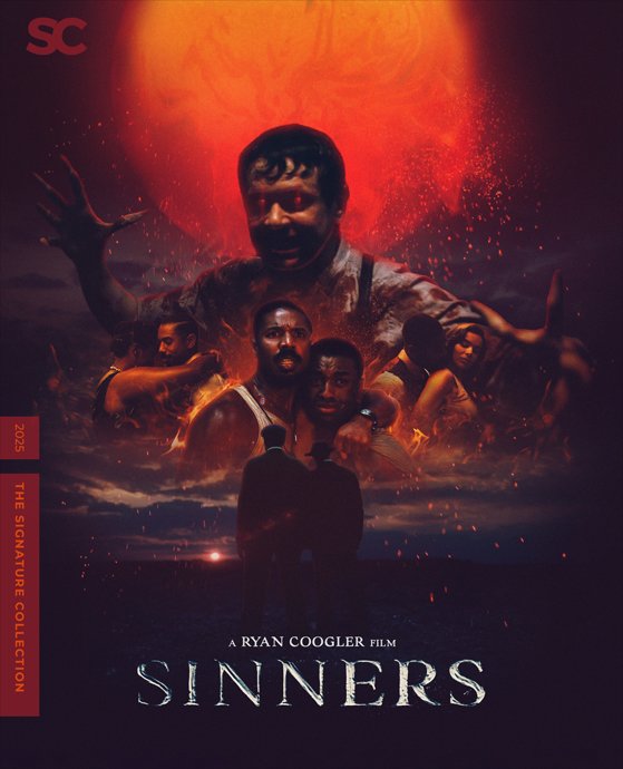 Poster for the film 'Sinners', depicting a large, sinister face of a man with outstretched hands in the background, surrounded by multiple figures with intense expressions, set against a dark, fiery backdrop.