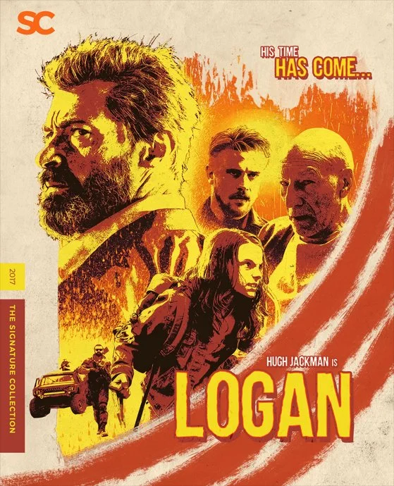 A movie poster for the film "Logan" featuring images of Hugh Jackman and other characters with the text "His time has come..." and "Hugh Jackman is Logan".