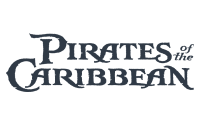 The logo for 'Pirates of the Caribbean' featuring stylized text.